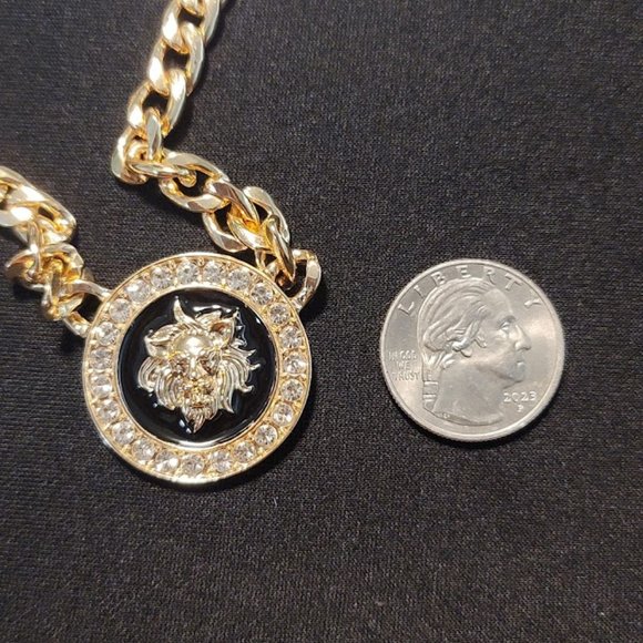 NWT Gold & Black Lion Head Rhinestone Chain Link Choker Necklace & Earrings Set - Picture 6 of 6